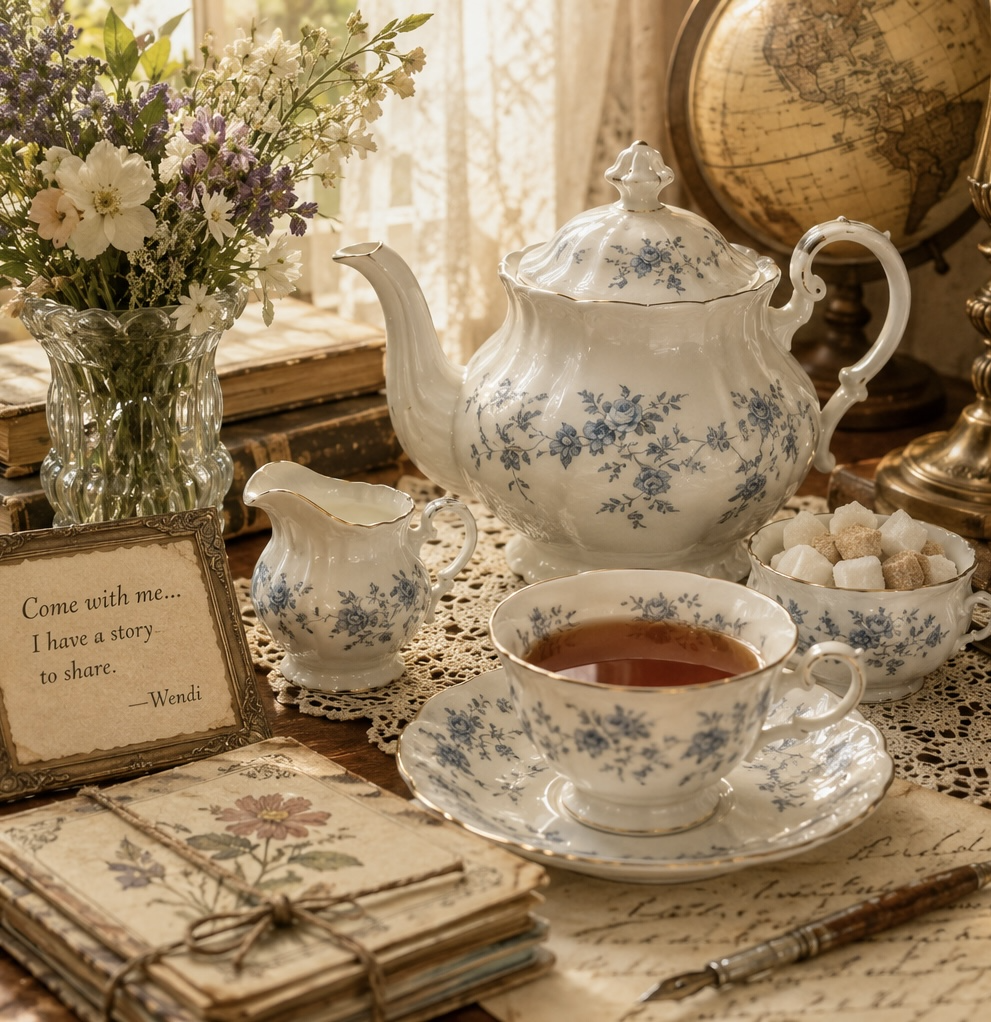 Wendi's blue floral china tea set with a handwritten note reading Come with me, I have a story to share