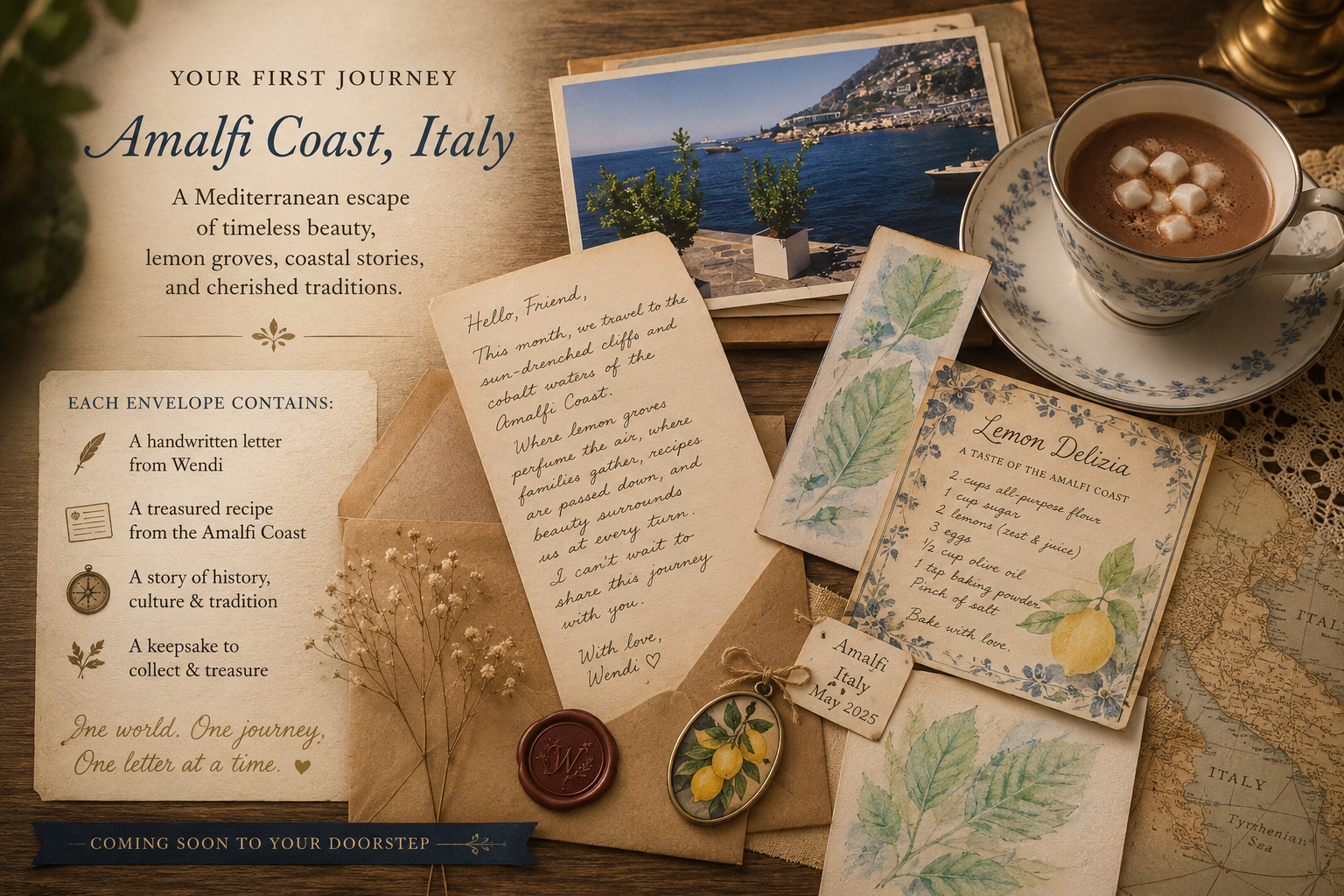 An Amalfi Coast keepsake spread — handwritten letter, lemon recipe card, wax seal, teacup, and an antique map of Italy