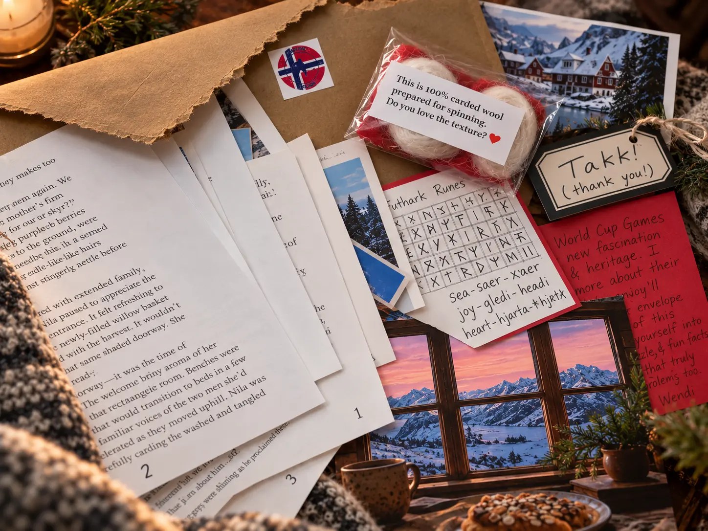 The Volume 2 Norway Journey laid out on a table: story pages, a kraft envelope with a Norwegian flag sticker, a packet of carded wool, prints of Nordic cabins and snowy fjords, a Futhark runes card, and a red note from Wendi